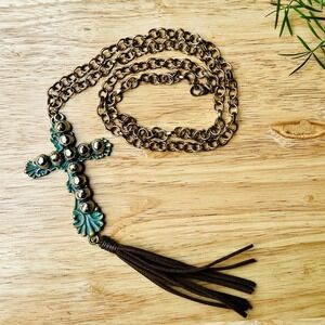 VTG‎ Pendant Necklace 30 Inch Christian Cross Gunmetal Chain Leather Tassel